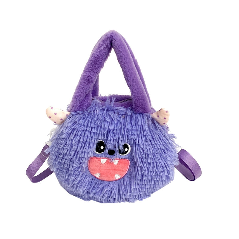 Women's Plush Solid Color Cute Bucket Zipper Handbag