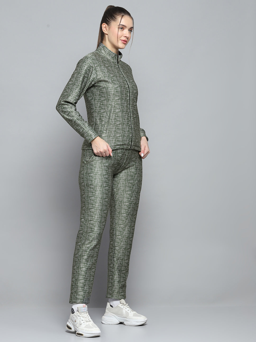 Women Olive Printed Mock Neck Full Sleeve Tracksuit