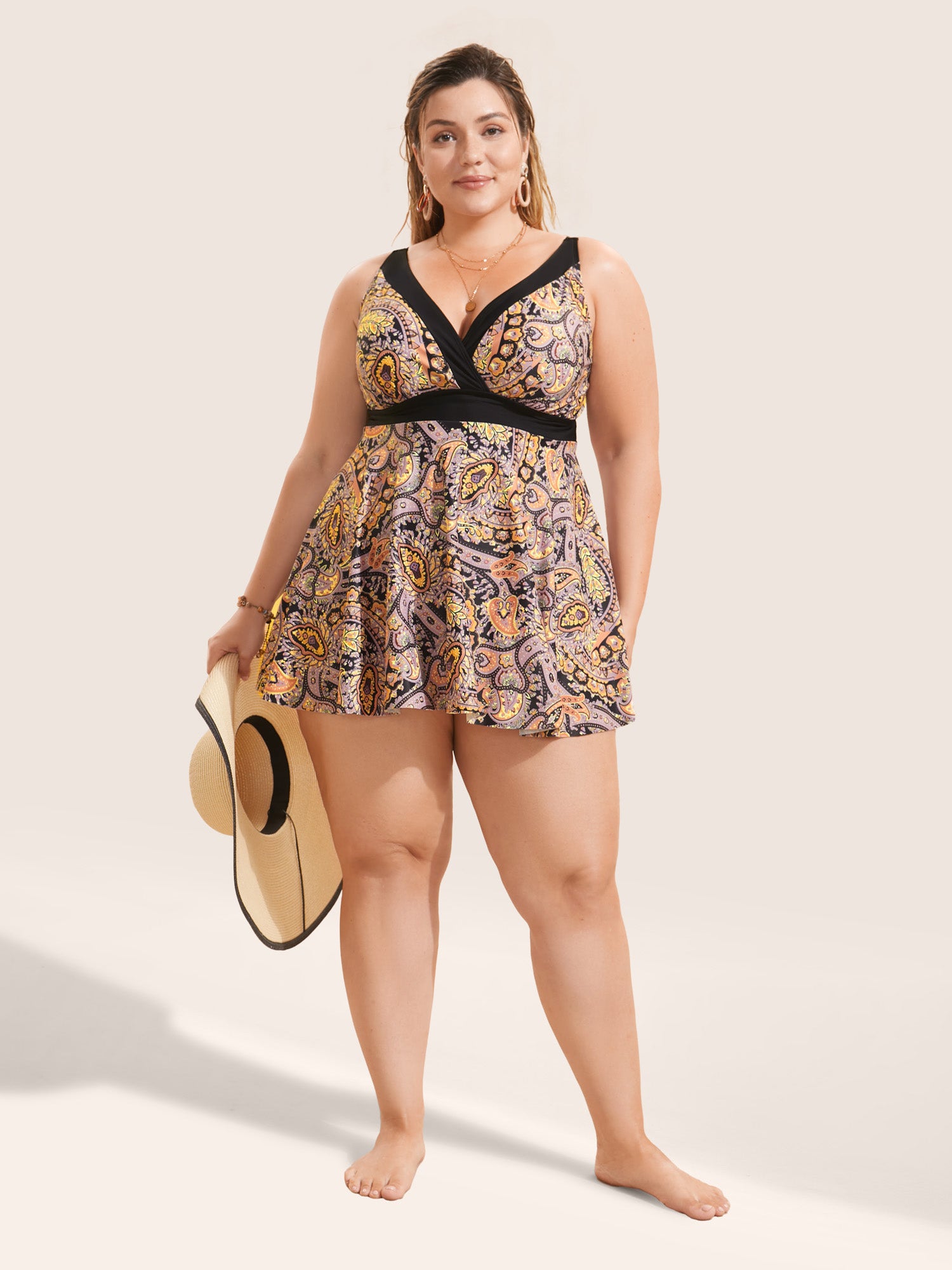 Paisley Print Wrap Contrast Trim Swim Dress
