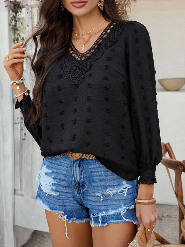 Long Sleeves Loose Elasticity Hollow Jacquard Solid Color V-Neck Blouses&Shirts Tops