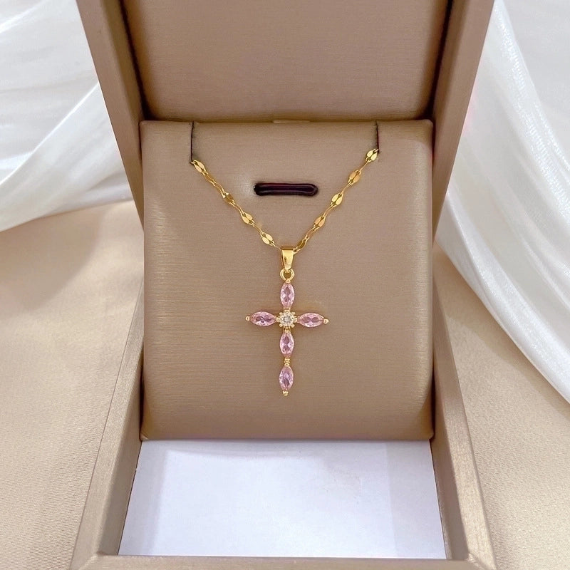 Minimalist Cross Stainless Steel Copper Inlay Zircon Pendant Necklace