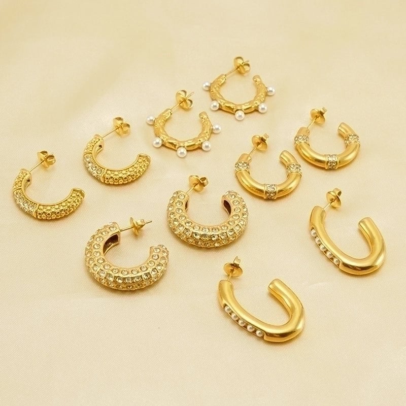 1 Pair Elegant Glam Shiny C Shape Plating Inlay Stainless Steel Pearl Zircon 18K Gold Plated Ear Studs