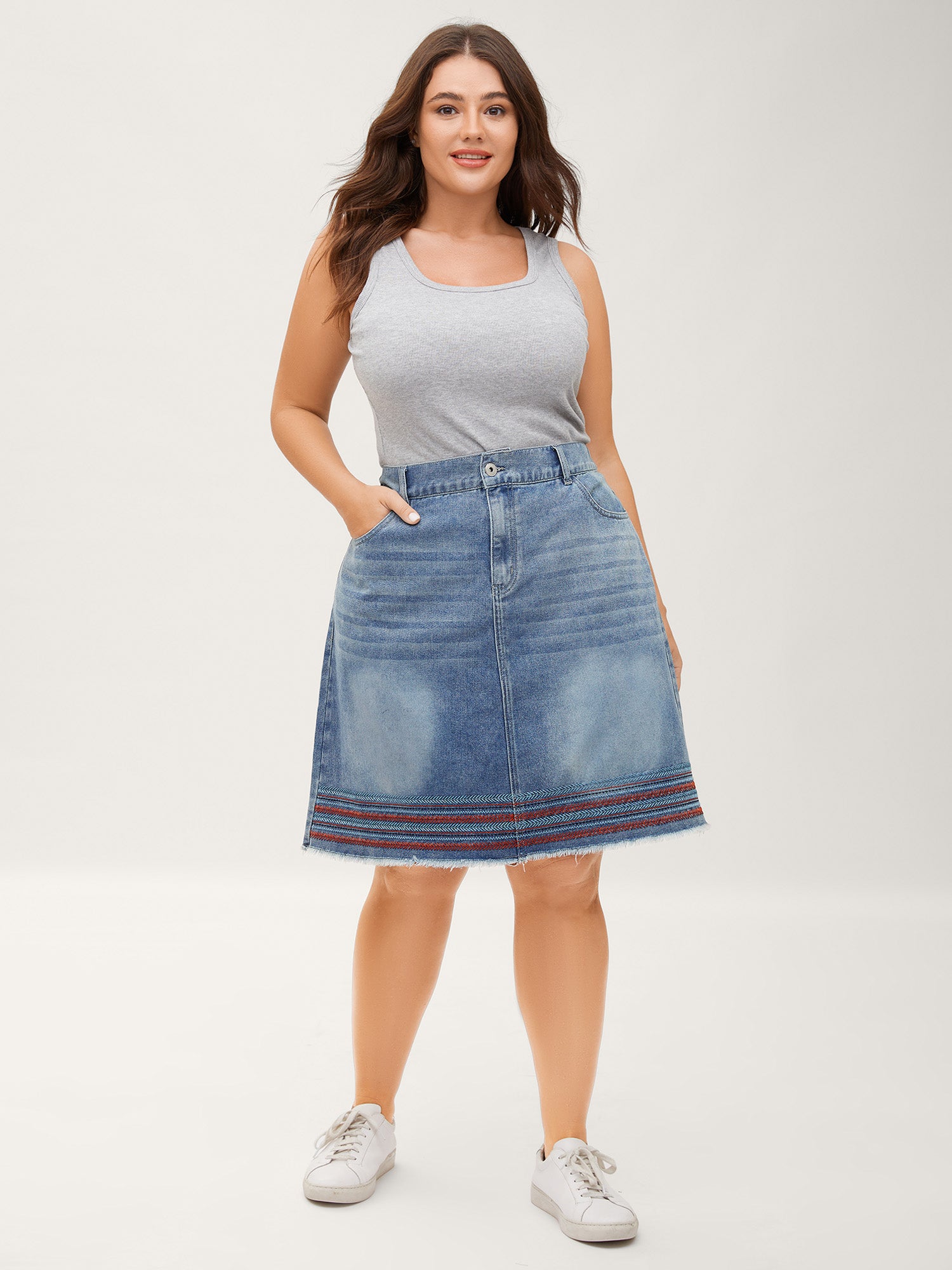 Colorful Hem Classic Cut Denim Skirt