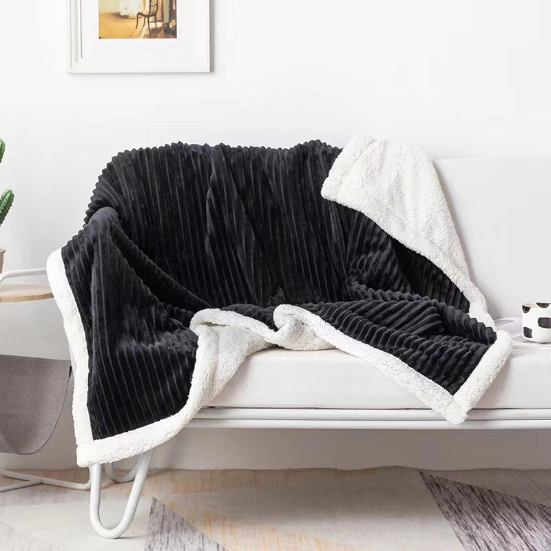 Plain Double Layer Lambskin Blanket Summer Flannel Blanket Striped Pattern Sofa Blanket Casual Nap Air-conditioning Blanket