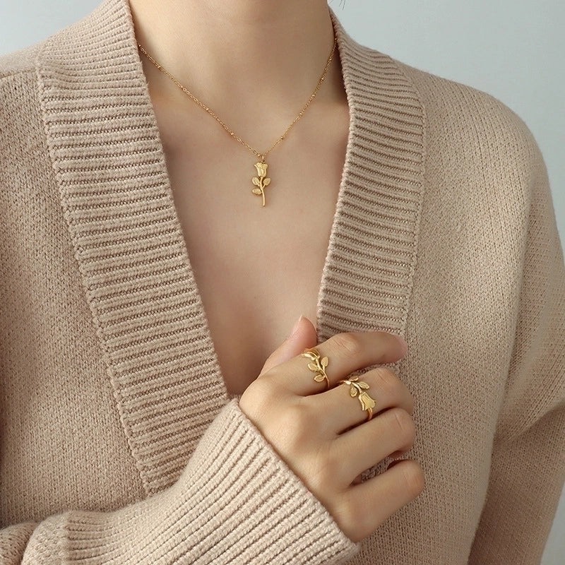 Hip Hop Style Rose Flower Pendant Necklace Ring
