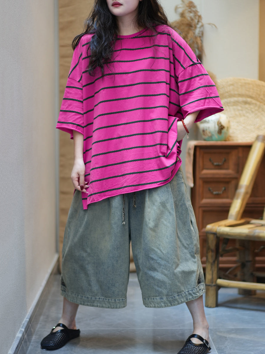 Women Summer Casual Stripe Cotton O-Neck Shirt