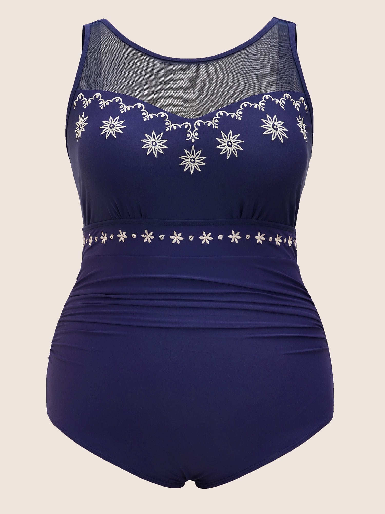 Floral Embroidered Mesh Patchwork Ruched One Piece Swimsuit