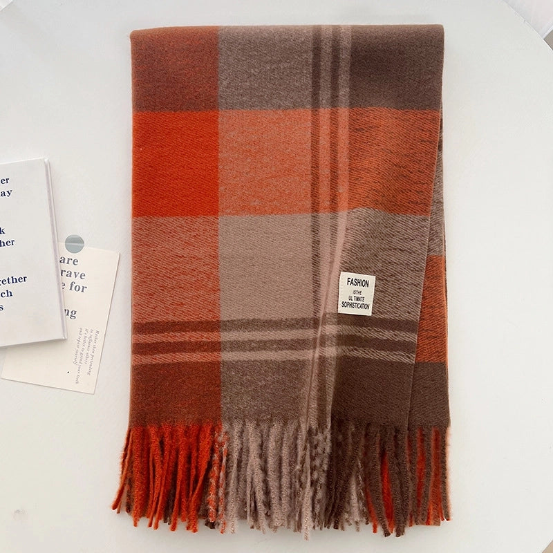 Maillard Brown Plaid Scarf Women's Autumn And Winter  Thickened Warm High-end Wearing Scarf Shawl