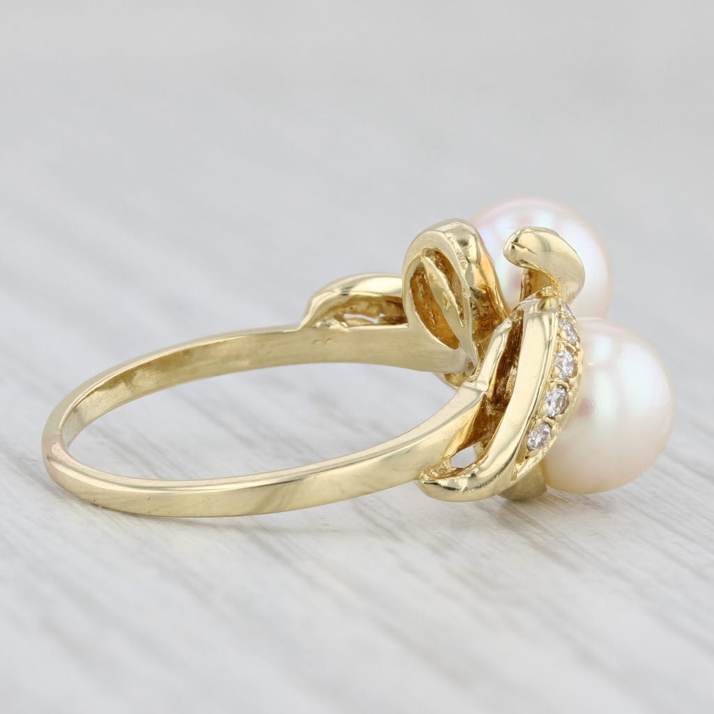 Two Cultured Pearls 0.12ctw Diamond Bypass Ring 18k Yellow Gold Size 7.75