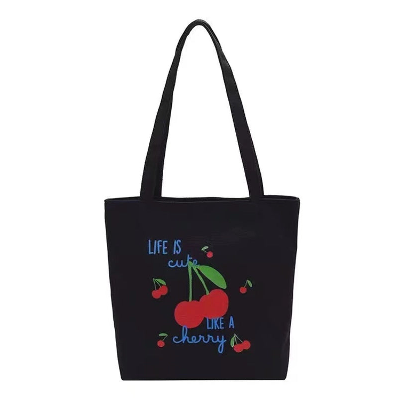 Women's Canvas Cherry Cute Sewing Thread Square Zipper Canvas Bag Tote Bag