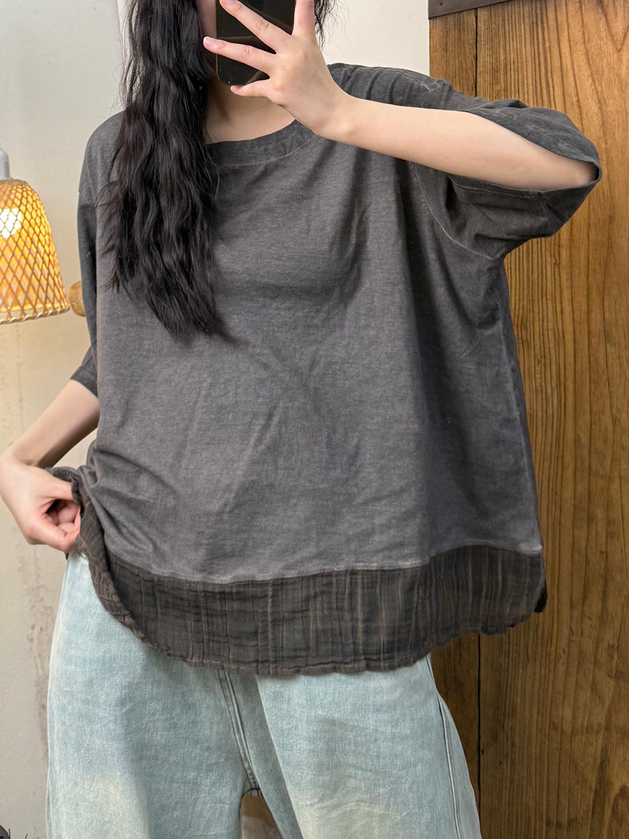 Women Summer O-Neck Spliced Cotton Linen Shirt