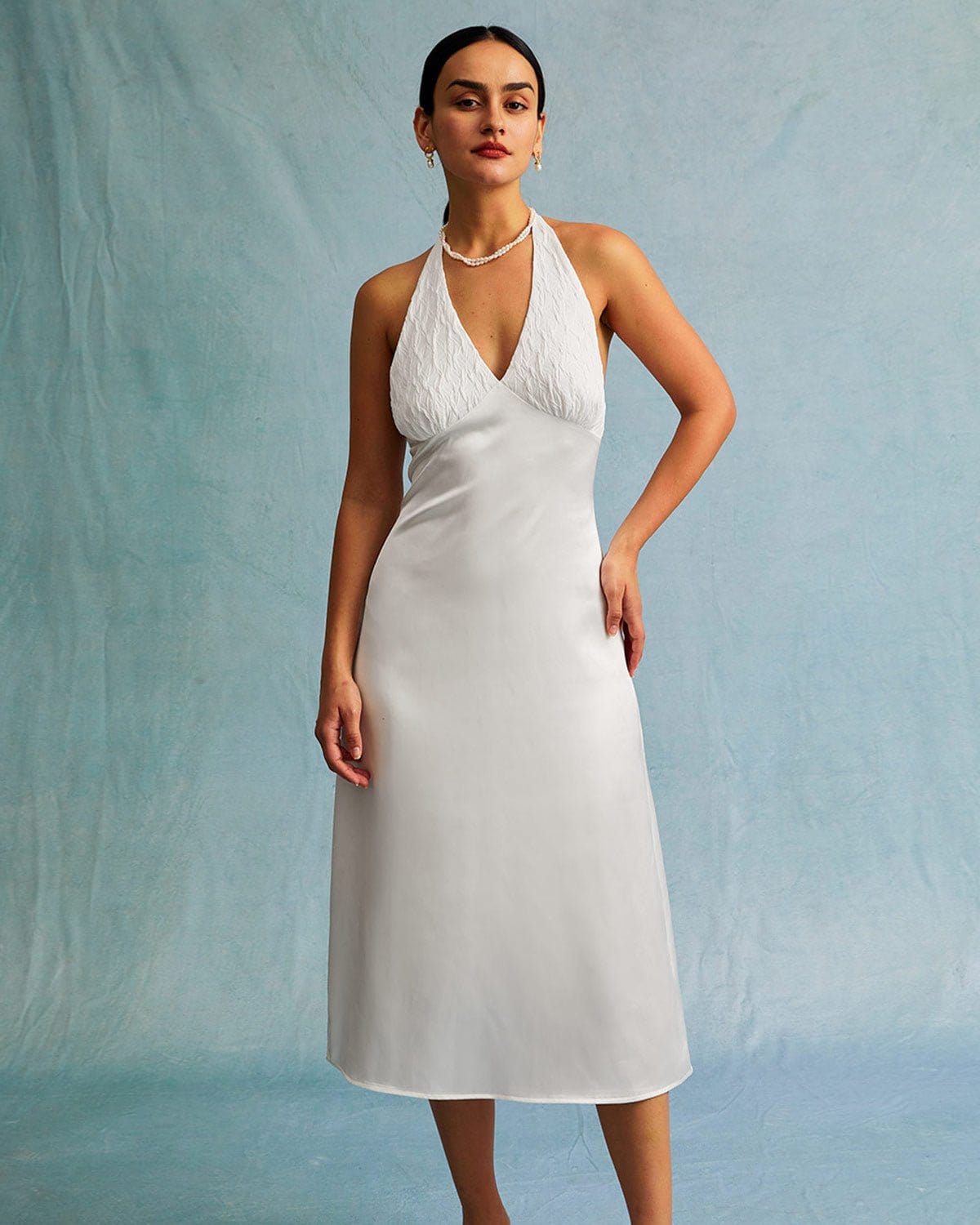 The White Halter Spliced Ruched Satin Midi Dress