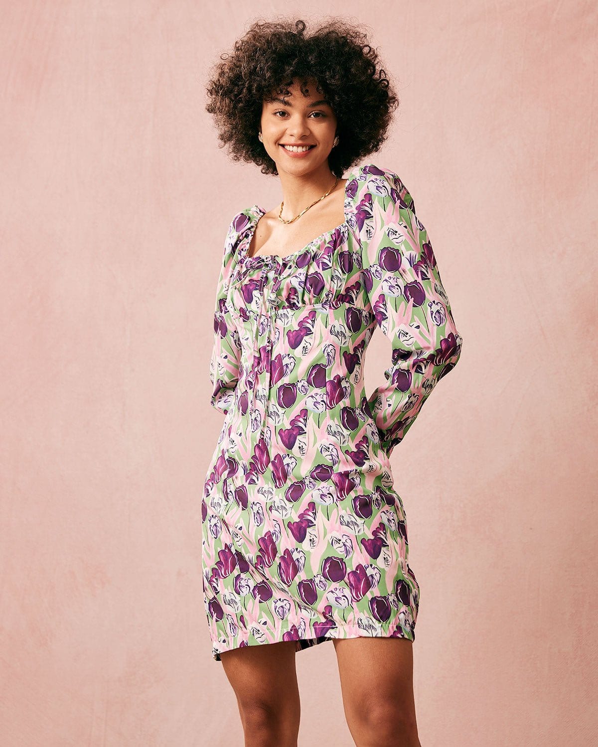 The Purple Square Neck Floral Long Sleeve Mini Dress