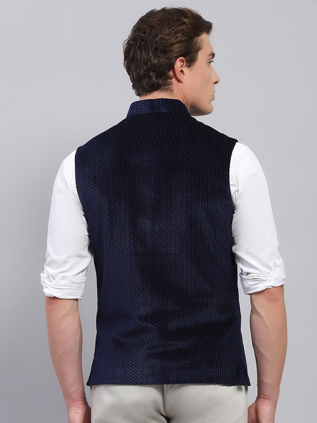 Men Navy Blue Self Design Band Collar Sleeveless Coat