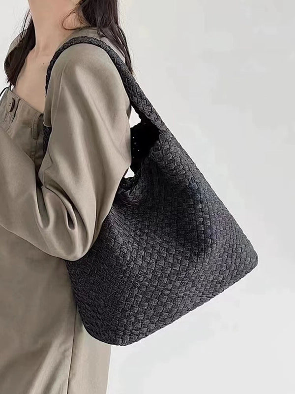 Women's Denim Solid Color Classic Style Weave Bucket Open Shoulder Bag