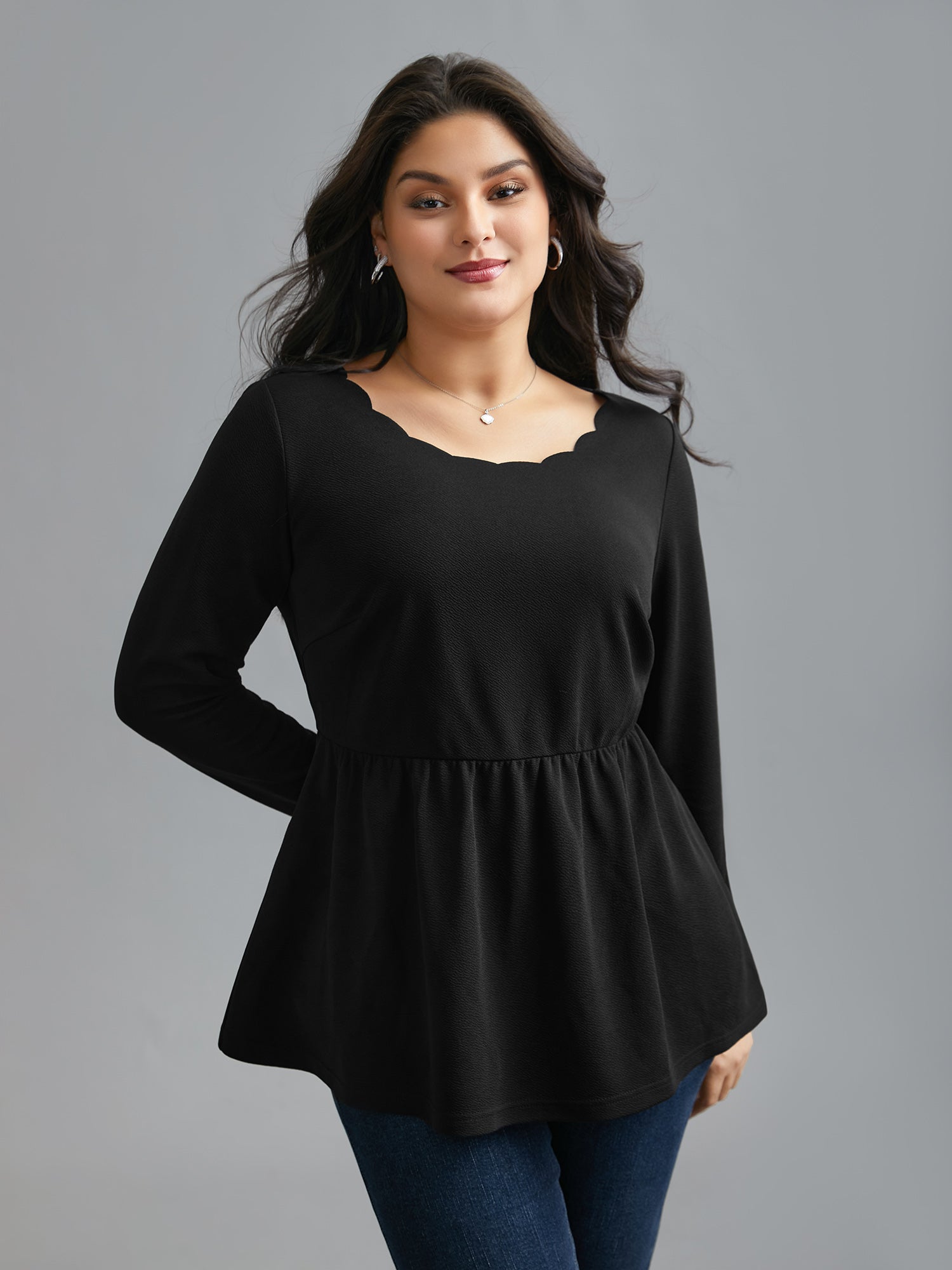 Scalloped Neck Elastic Waist Knit Top