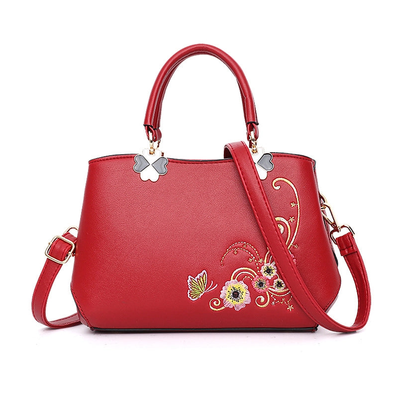 Women's Pu Leather Flower Bee Classic Style Sewing Thread Bucket Zipper Handbag Crossbody Bag