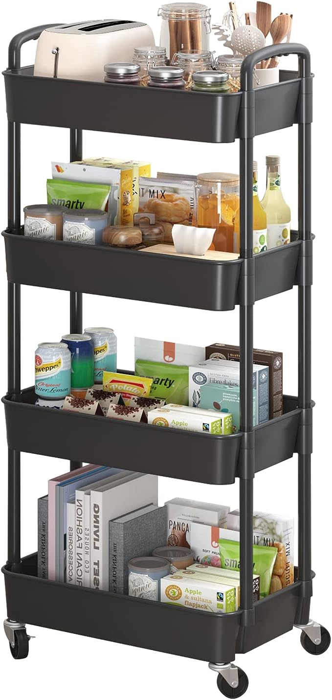 4-Tier Plastic Rolling Utility Cart .Movable Storage Organizer with Wheels