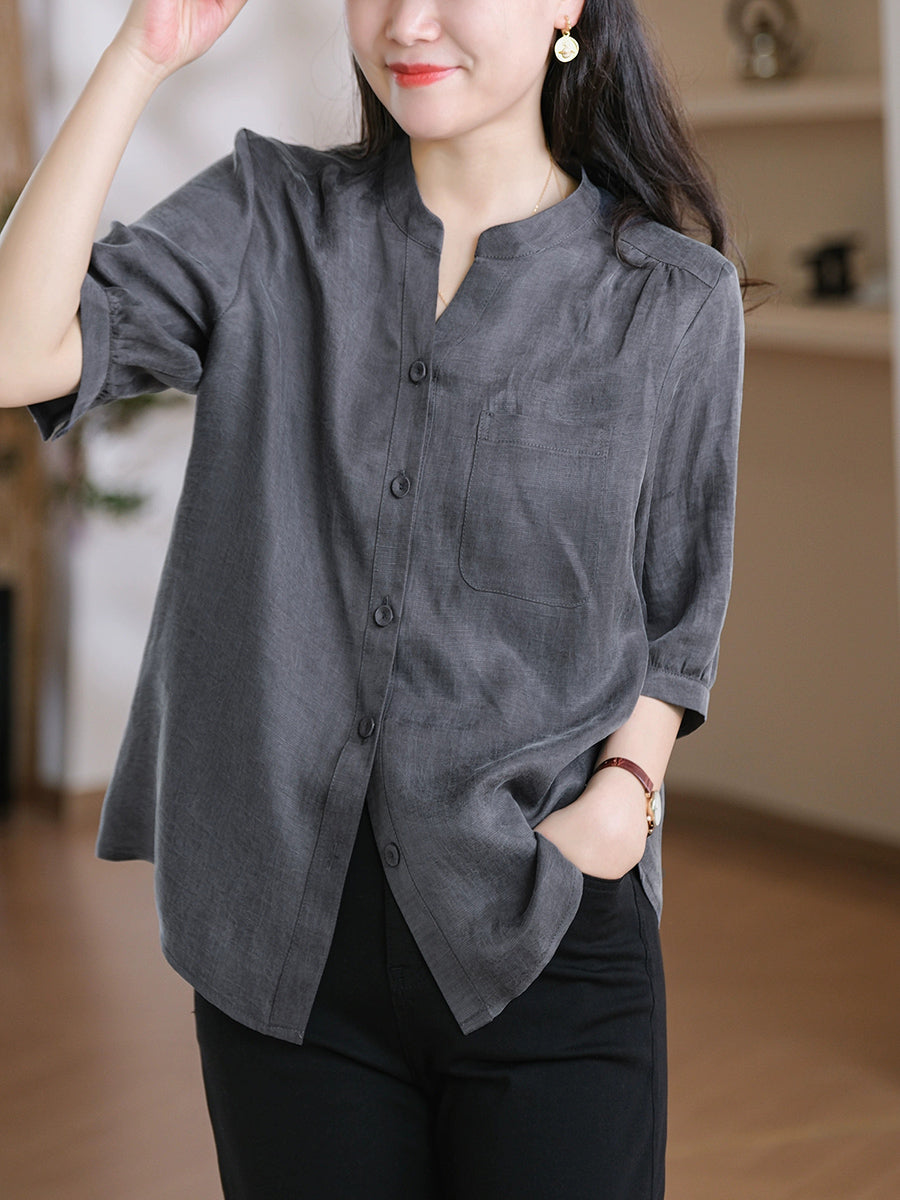 Women Summer Casual Pure Color Pocket V-Neck Shirt