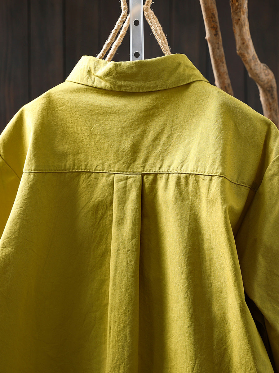 Women Summer Pure Color Turn-down Collar 100%Cotton Shirt