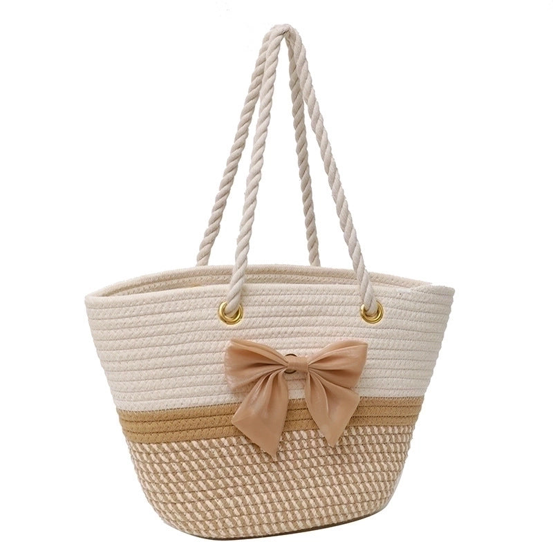 Women's Large All Seasons Straw Color Block Streetwear Square Open Shoulder Bag Tote Bag Bucket Bag