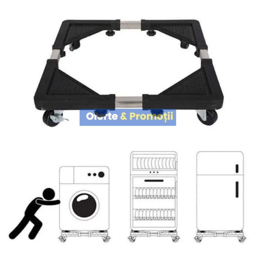 SUPORT REGLABIL CU ROTI DIN CAUCIUC PENTRU FRIGIDER SAU ARAGAZ. MODEL BRT-102 CU DIMENSIUNI VARIABILE SI SARCINA MAXIMA DE 125 KG