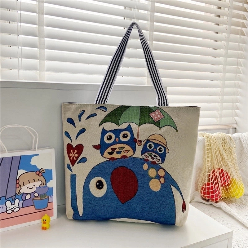 Women's Large All Seasons Nylon Animal Cartoon Cute Square Zipper Tote Bag