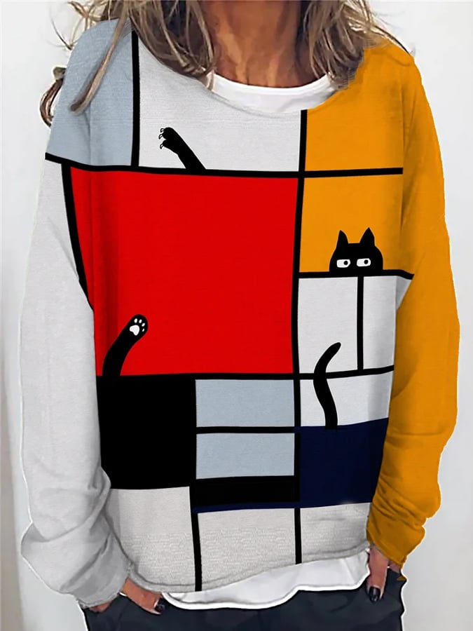 Women's Mondrian Cat Print Long Sleeve Sweatsh