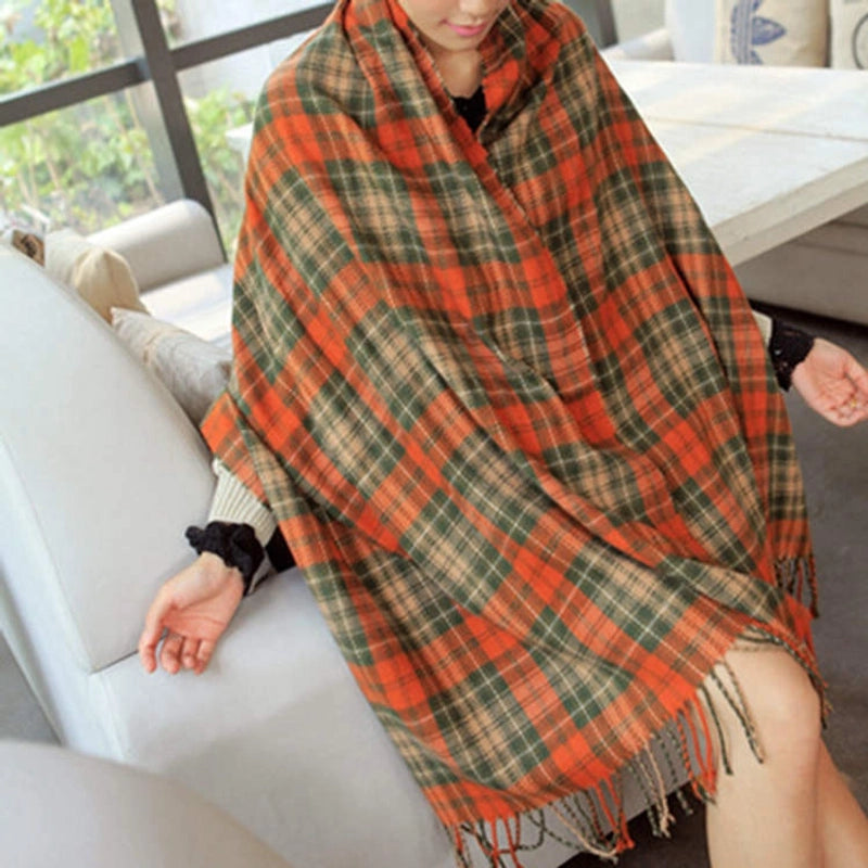 Plaid Scarf Women's Winter Versatile Student Scarf Cashmere Tassel Dual-use Warm Plaid Shawl