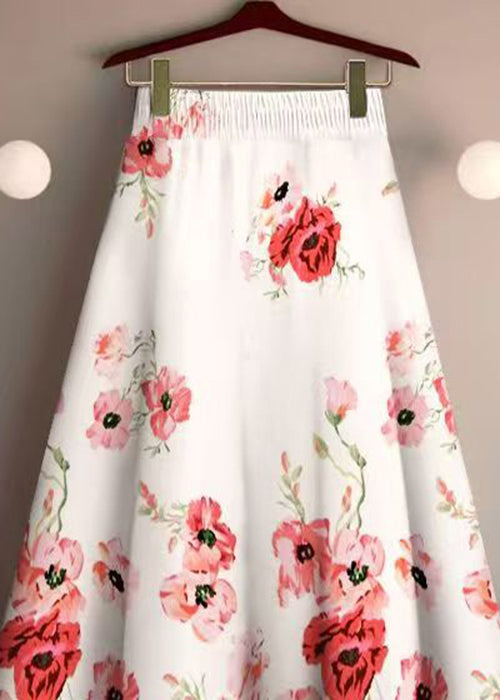 White Print Cotton Skirts Elastic Waist Summer