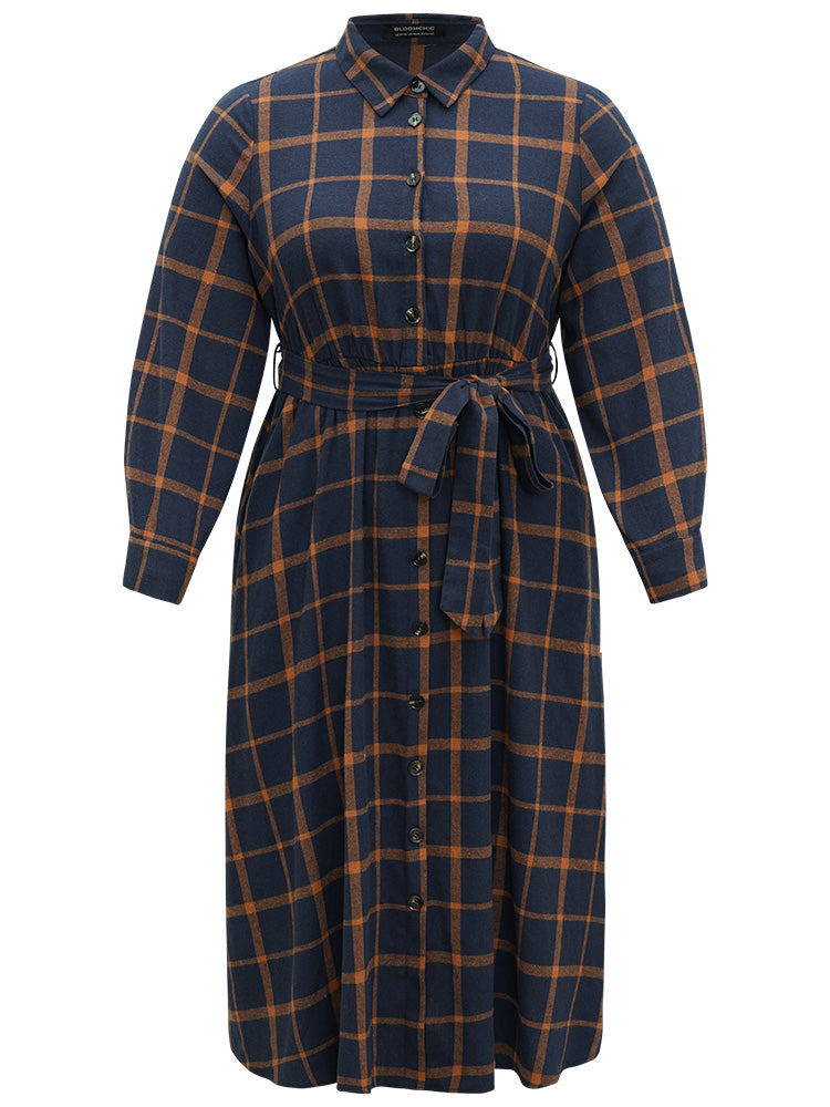 Plaid Shirt Collar Button Fly Belted Dress