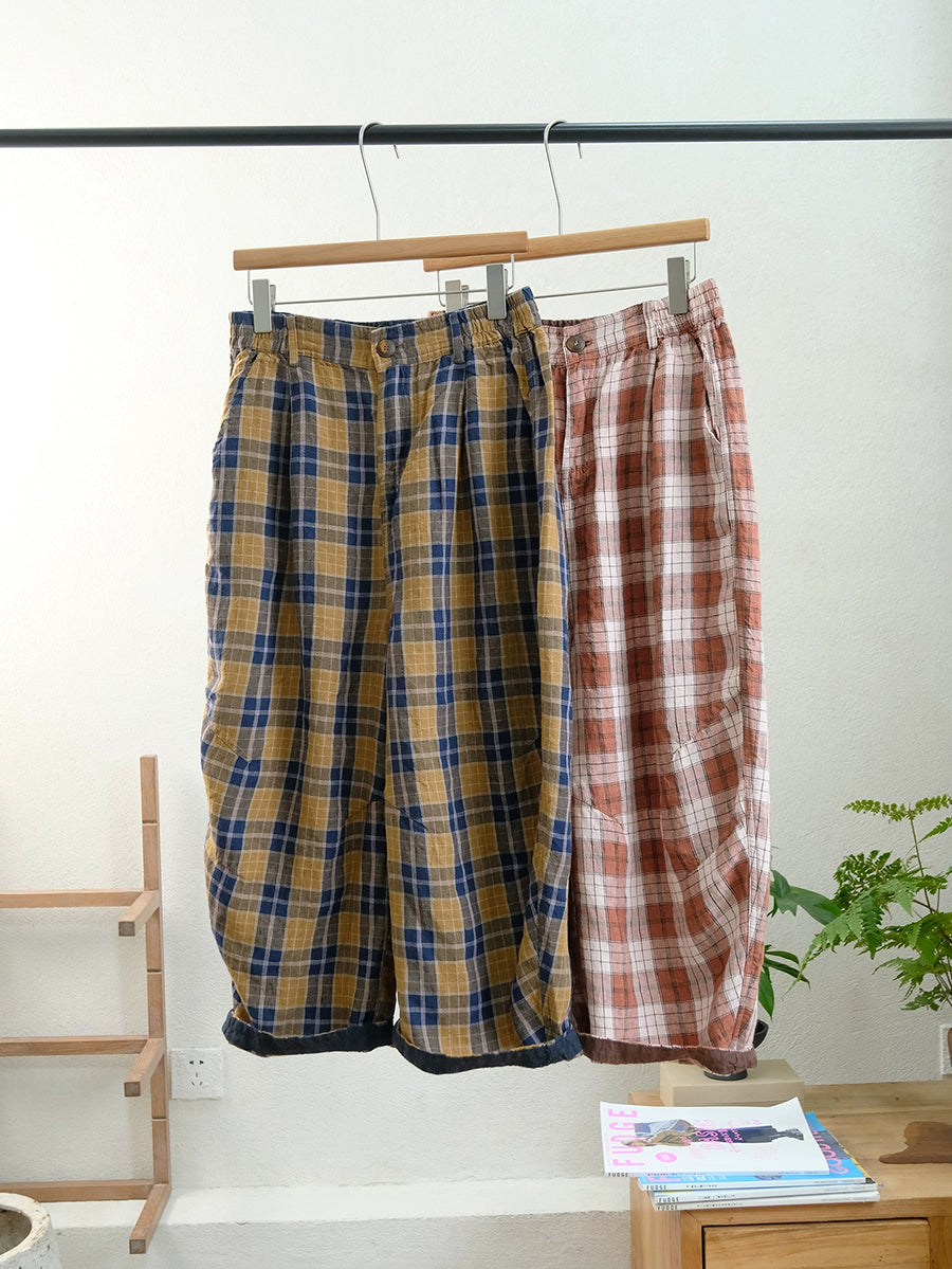 Women Summer Vintage Plaid Linen Wide-leg Pants