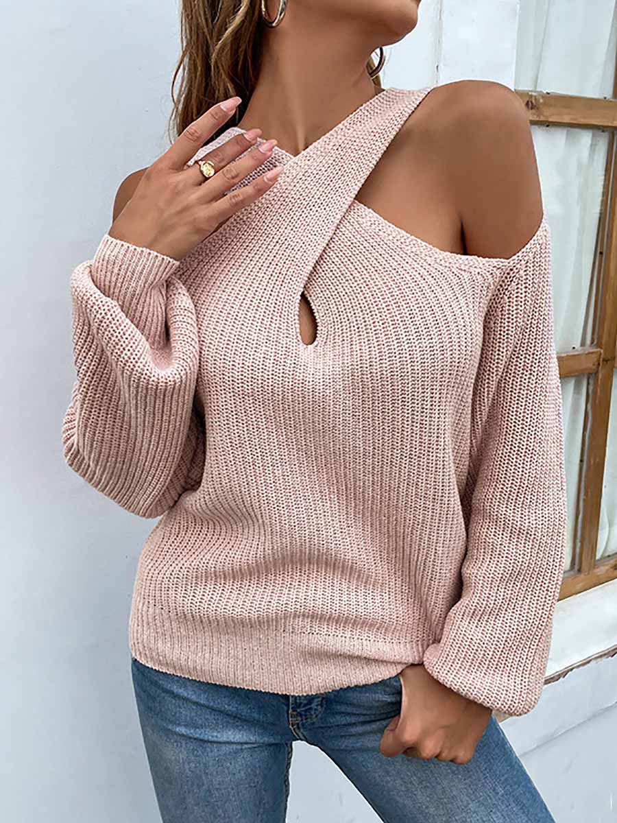 Solid Color Crossed Hanging Shoulder Knit Sweater