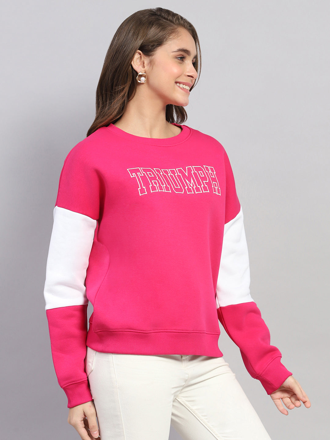 Women Pink Printed Round Neck Full Sleeve Sweatshirt