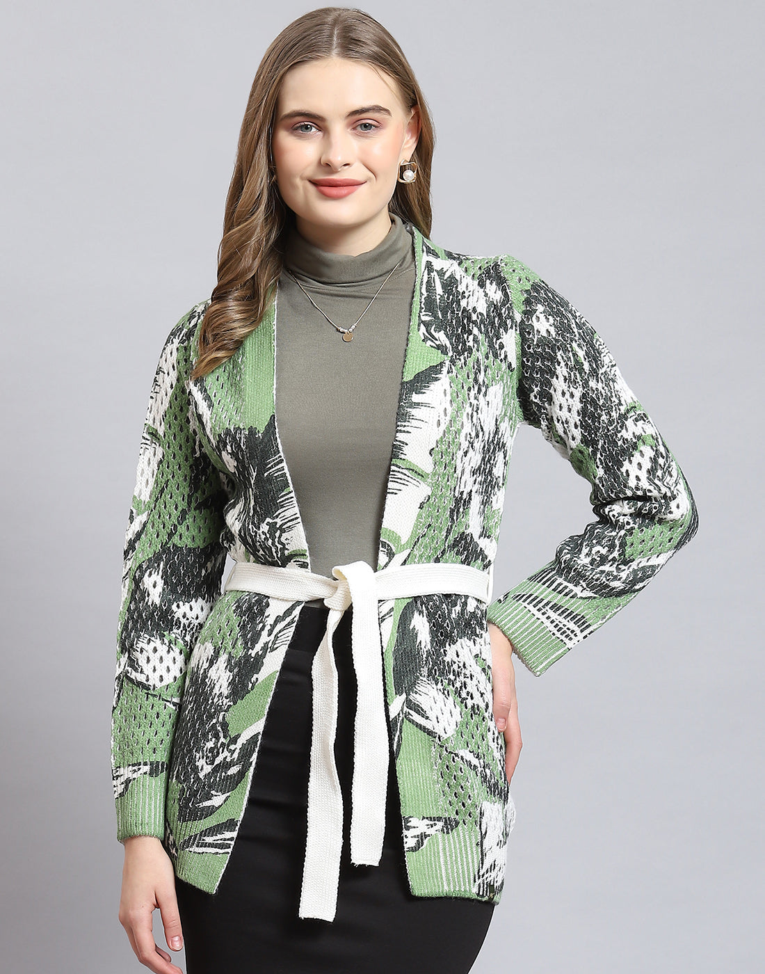 Women Green Printed V Neck Full Sleeve Cardigan