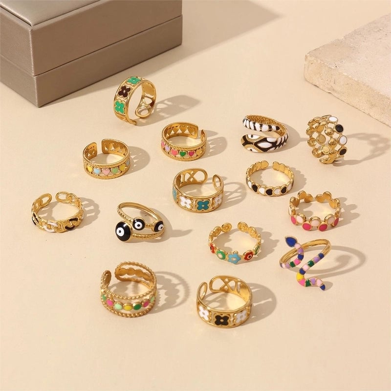 Retro U Shape 304 Stainless Steel 18K Gold Plated Enamel Open Rings