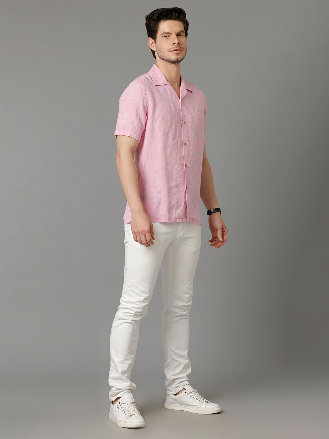 Mens Regular Fit Solid Pink Casual Linen Shirt (LUCA)