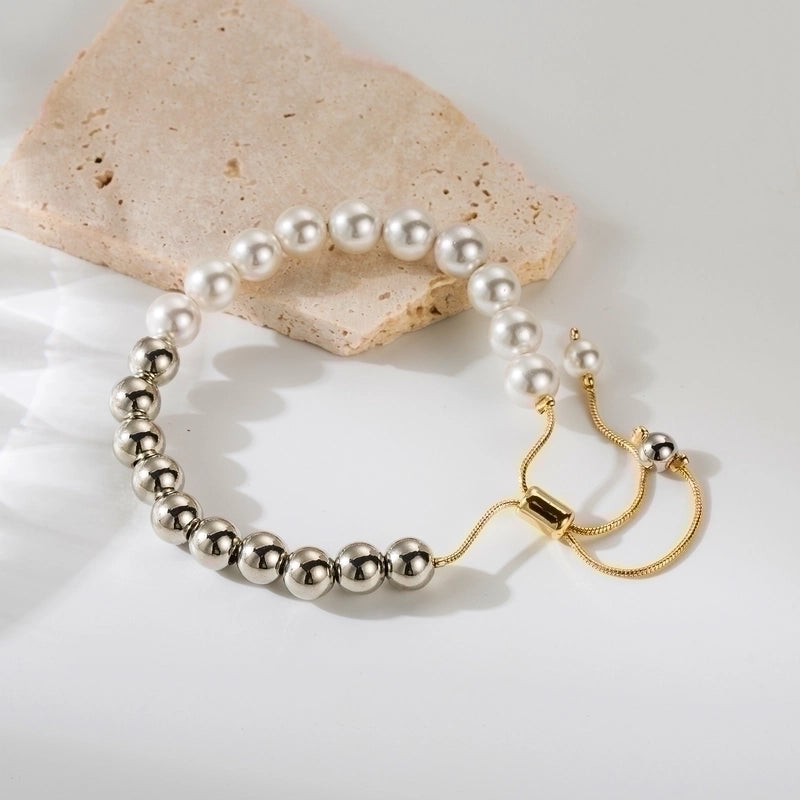 Classic Style Round Imitation Pearl Copper Beaded Patchwork Plating 18k Gold Plated Bracelets