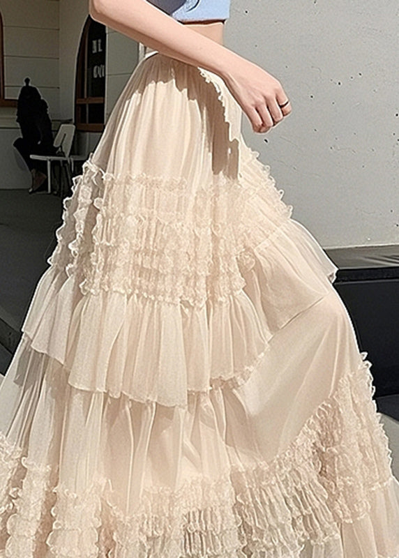 Fashion Apricot Ruffled Elastic Waist Tulle Maxi Skirts Summer