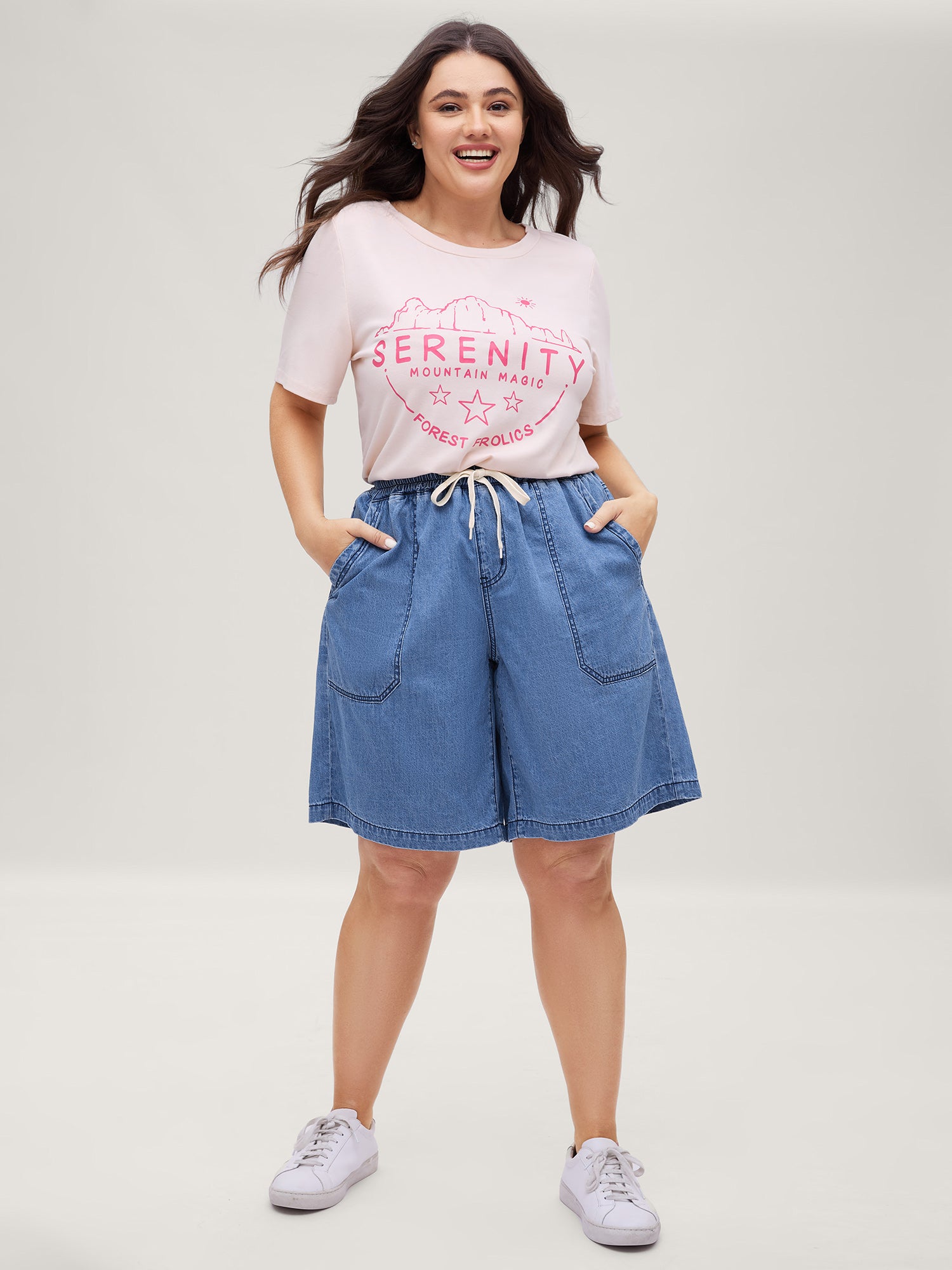 Cotton Stretchy Waist Drawstrings Denim Shorts