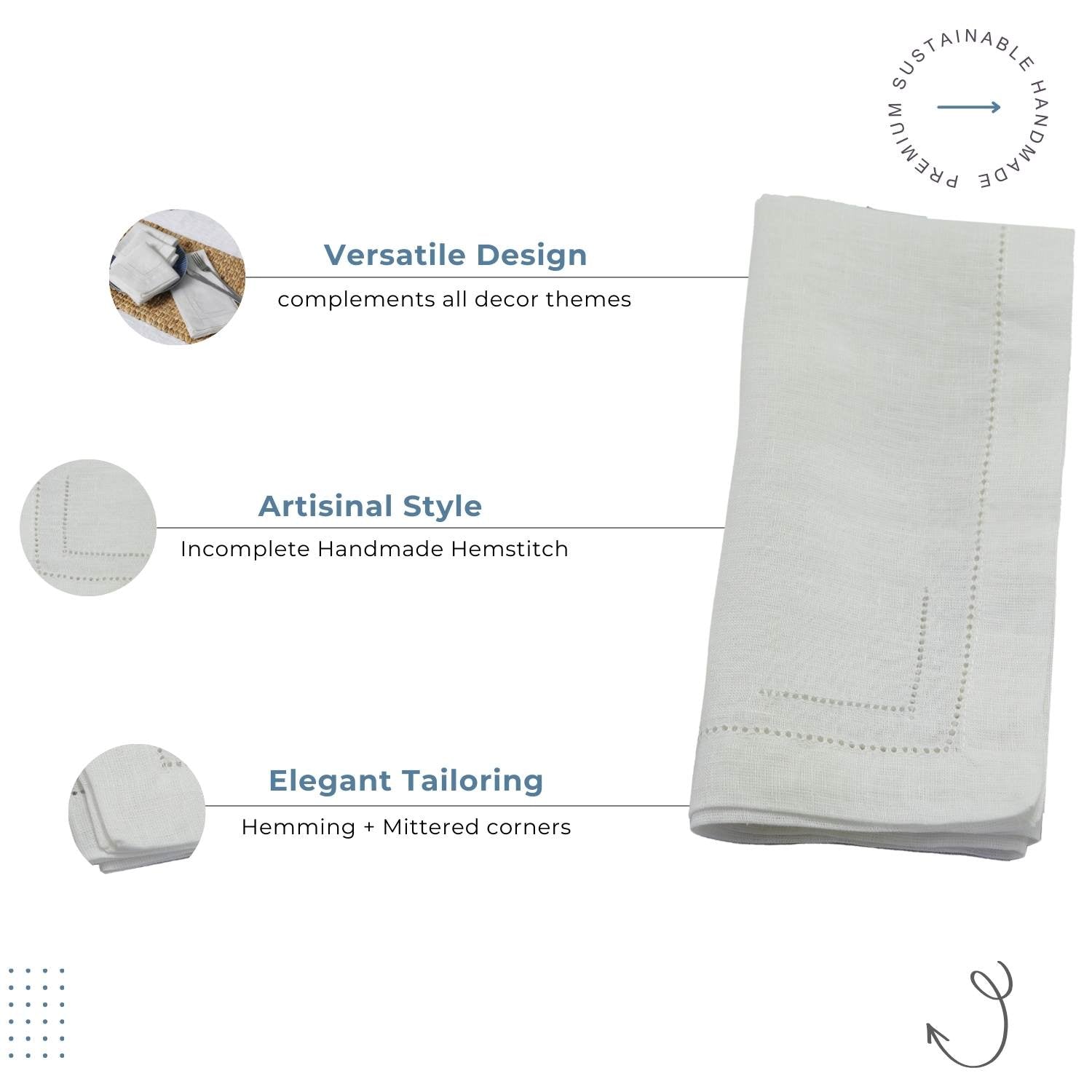 Milk White 100% Linen Incomplete Hemstitch Napkins