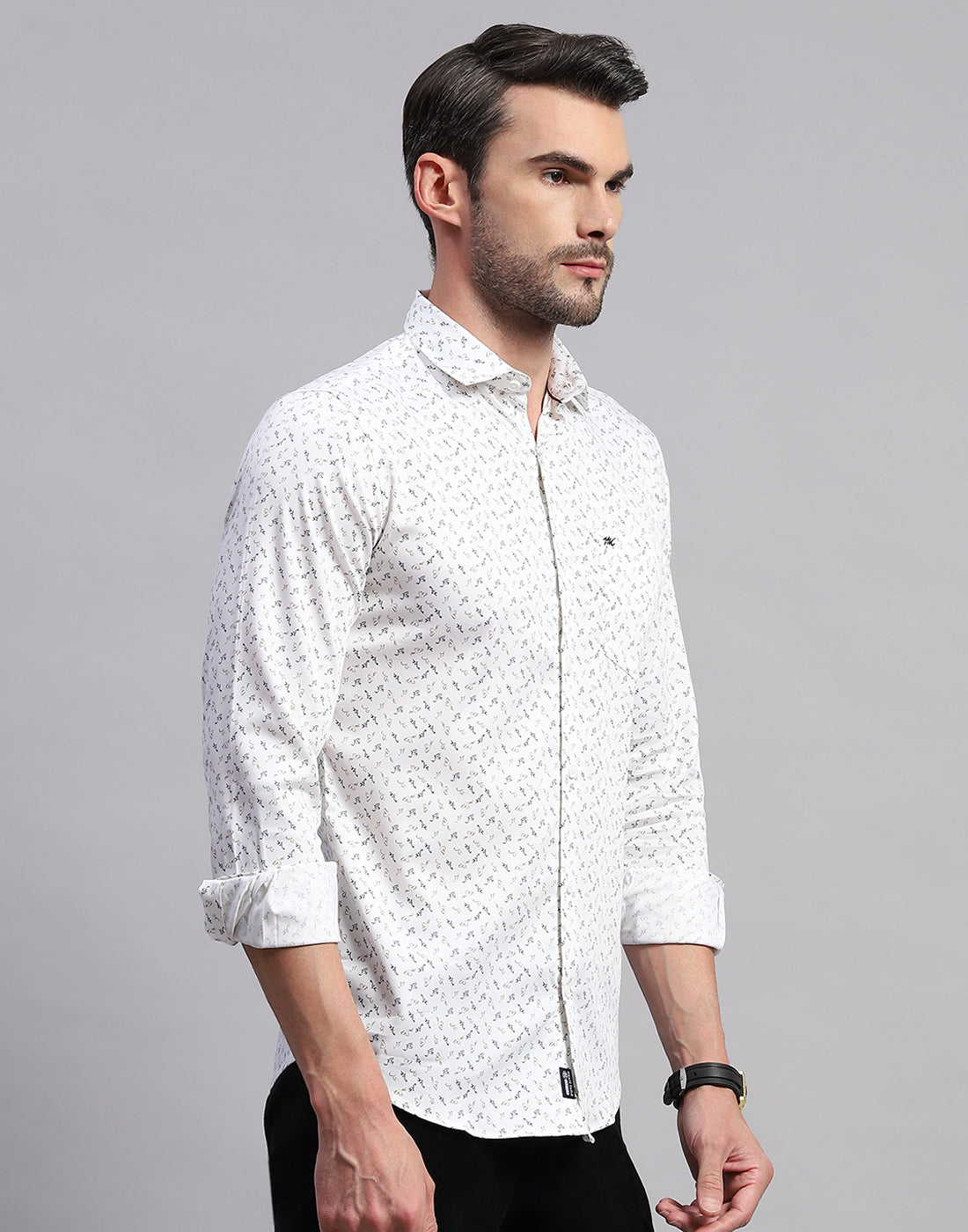 Men White Printed Collar Neck Full Sleeve Shirt