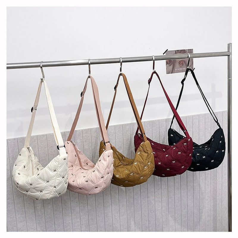 Women's Canvas Lingge Bow Knot Classic Style Dumpling Shape Zipper Shoulder Bag Crossbody Bag
