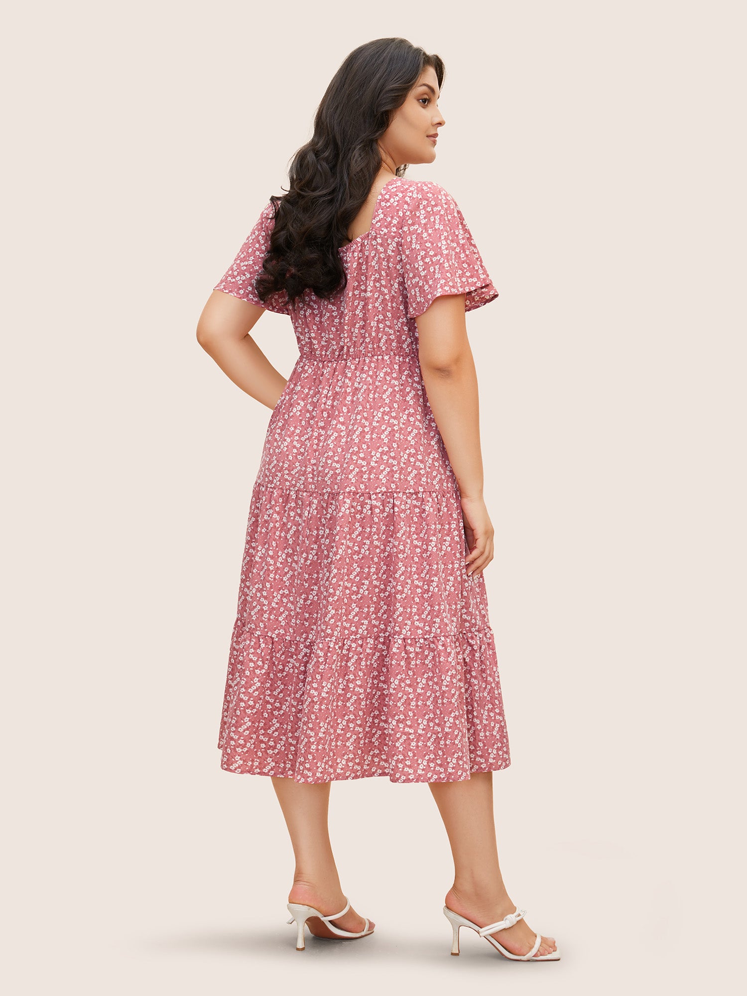 Ditsy Floral Drawstring Ruched Pocket Ruffle Tiered Dress