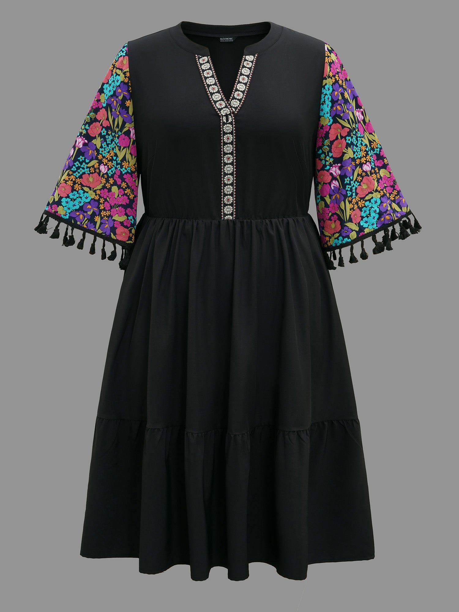 Cotton Floral Embroidered Contrast Webbing Tassels Dress