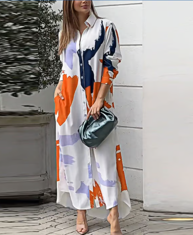 Printed Loose Fit Split Hem Shirt Dress