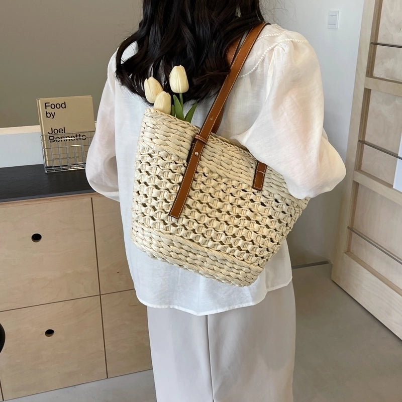 Women's Large Straw Solid Color Vacation Beach Zipper Straw Bag
