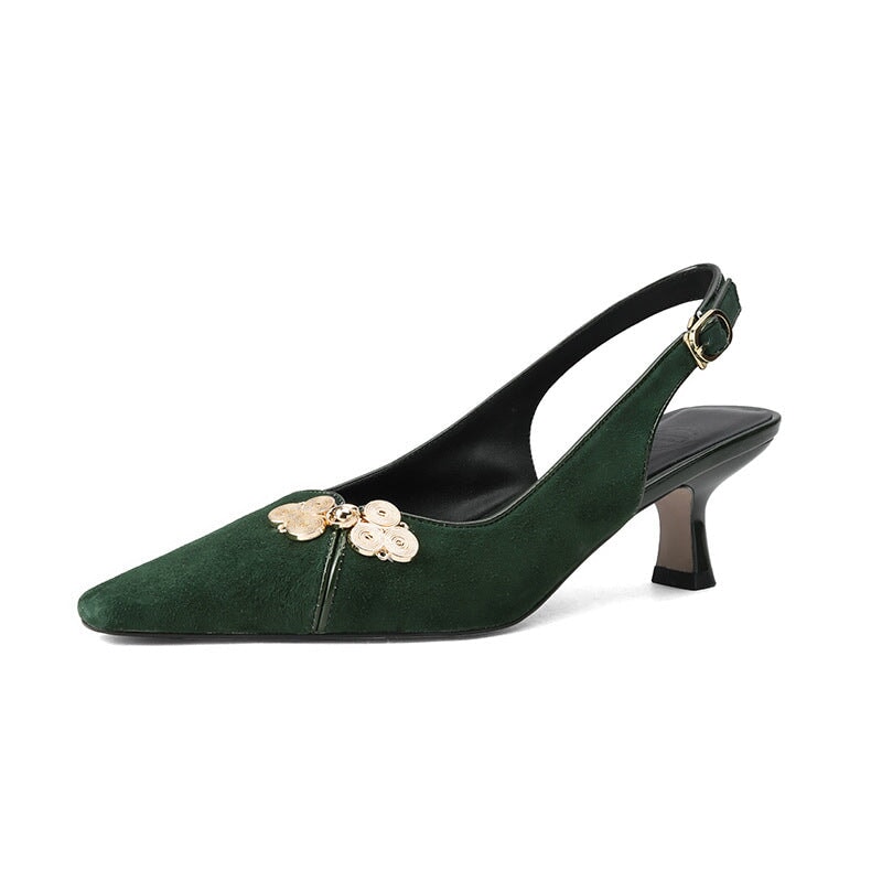 Point Toe Genuine Leather Slingback Kitty Heel Sandals in Black/Green