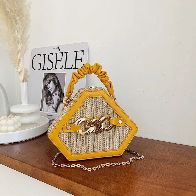 Women's Small Straw Geometric Classic Style Lock Clasp Straw Bag