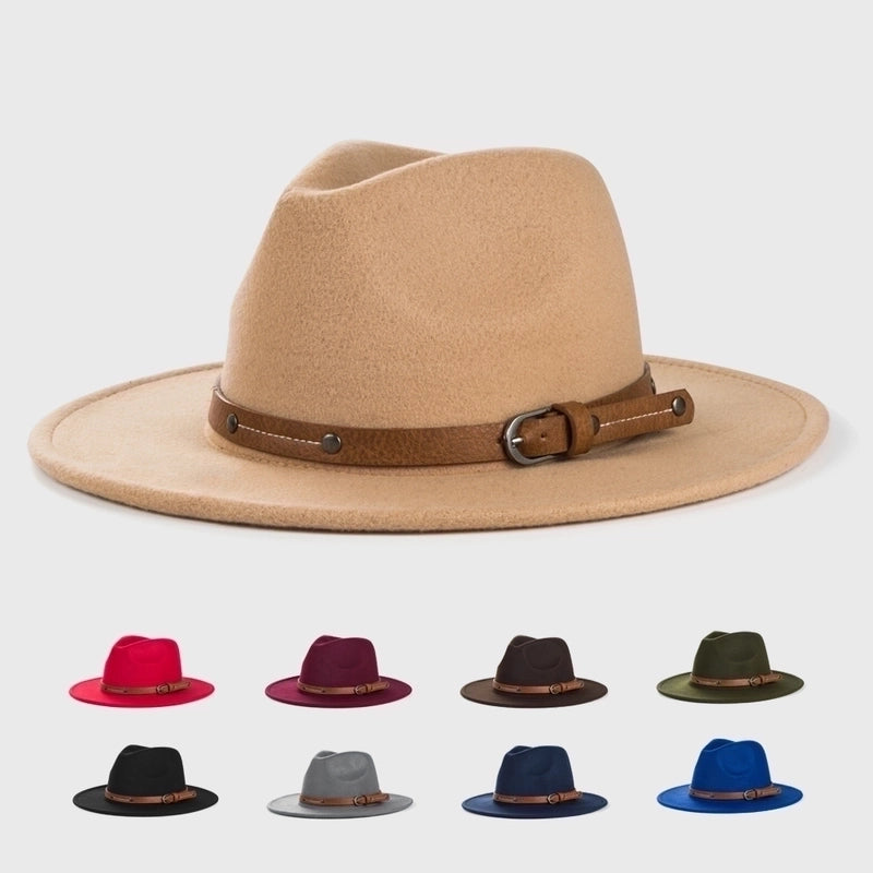 Retro Woolen Hats For Men And Women Belt Metal Buckle Felt Hat Simple Big Brim Jazz Hat